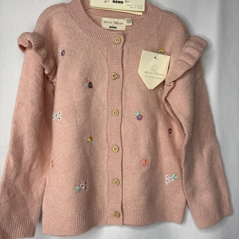 Petite Maison Baby 24 M Pink Ruffle Button‎ Cardigan Sweater Floral Embroidery